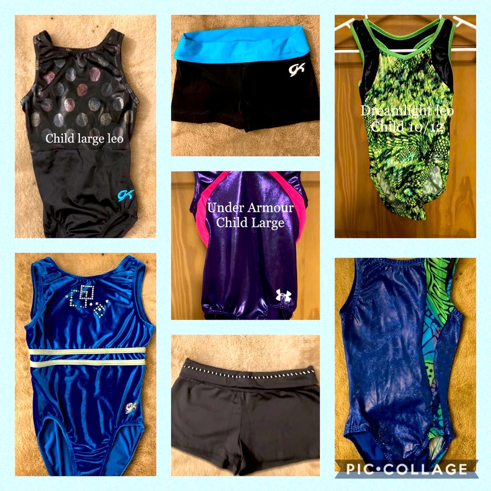 Gymnastics leotards, shorts, shirts, and capris